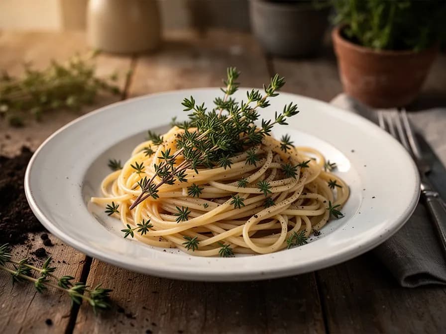 Gebratenes Lammkarree mit einer Kruste aus frischen Kümmelthymian-Blättern und Knoblauch auf einer Servierplatte