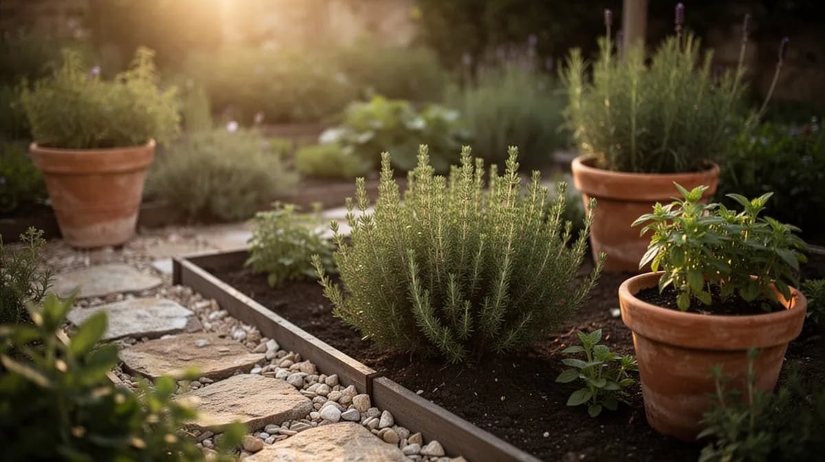 Low-growing French thyme forming a fragrant border along a sunny gravel garden path