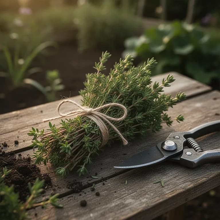 Freshly cut sprigs of French thyme bundled on a rustic wooden cutting board