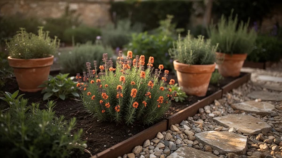 Tomillo naranja plantado como un borde bajo y fragante a lo largo de un sendero de piedra del jardín