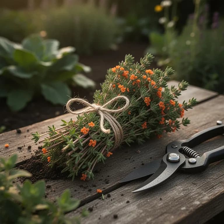 Ramitas frescas de tomillo naranja cortadas con tijeras de hierbas sobre una tabla de cortar de madera