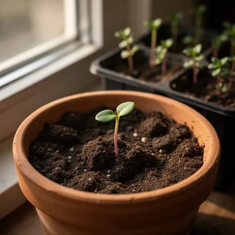 Pequeñas plántulas de tomillo naranja con hojas verde pálido emergiendo de una maceta de terracota