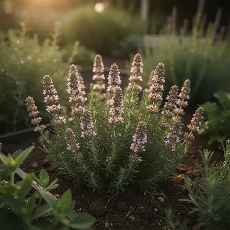 Honigbienen besuchen Blüten des Wolligen Thymians in einer sonnigen Gartenrabatte