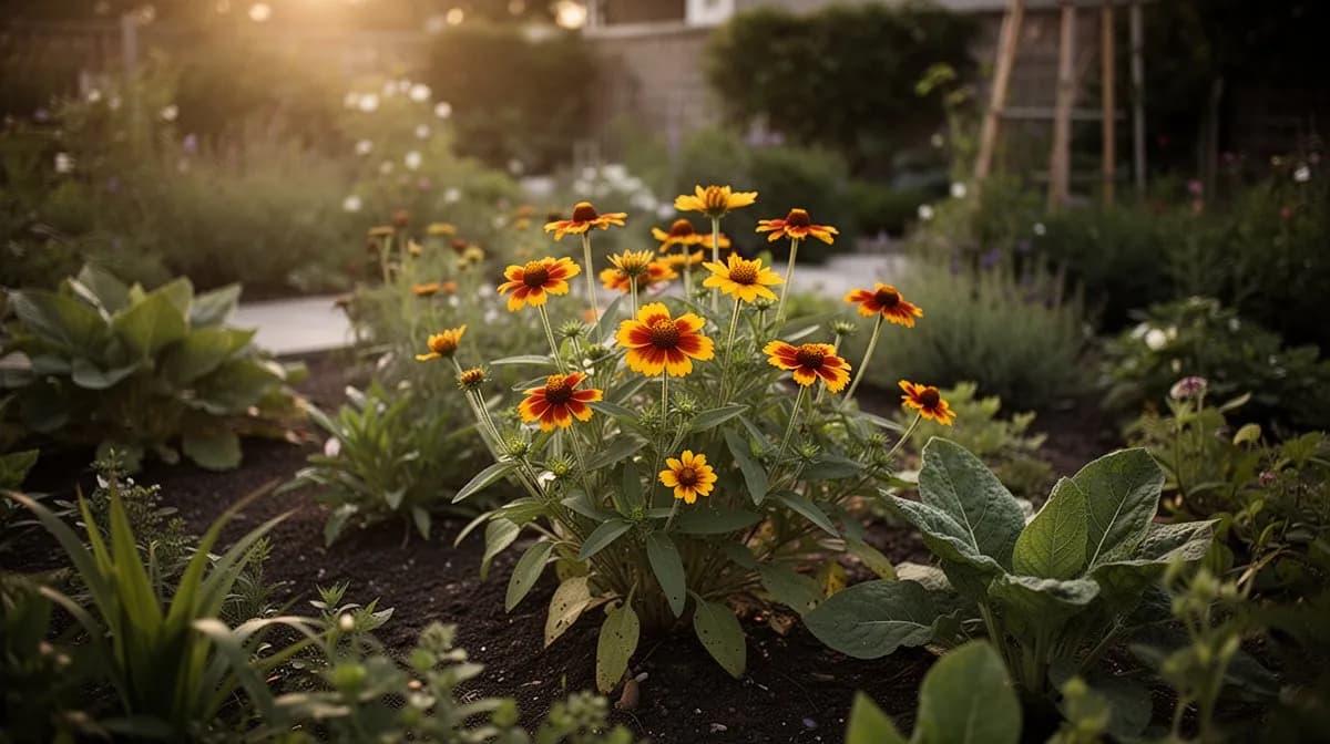 Tithonia wächst neben Kürbis und Bohnen in einer Mischkultur