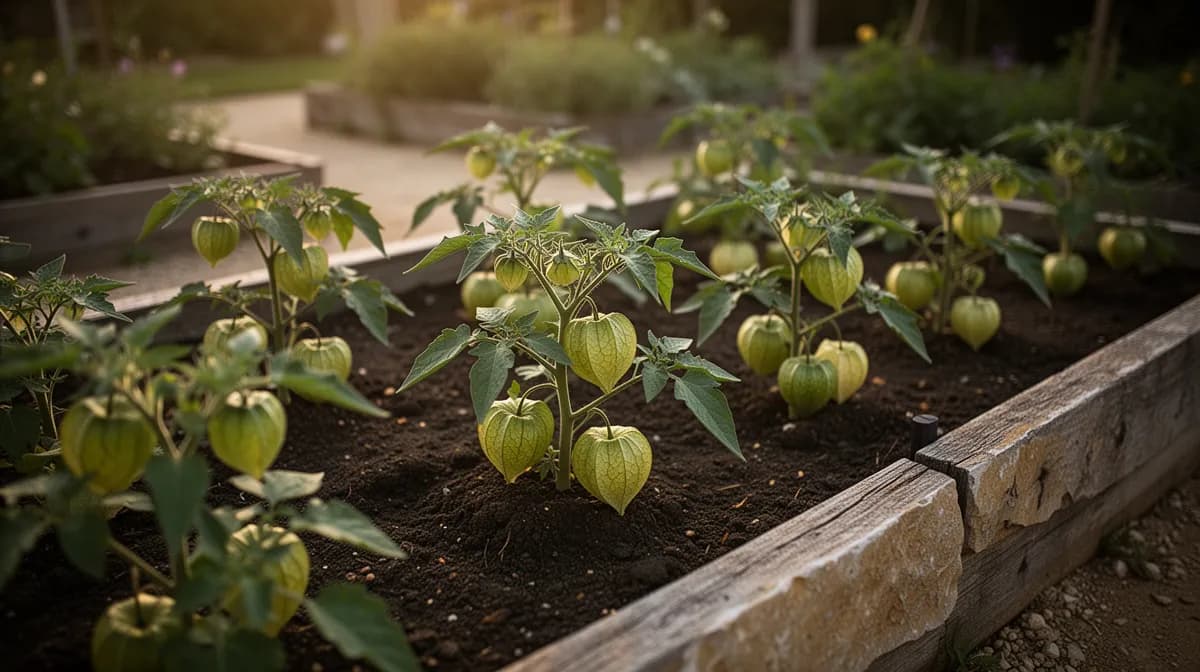 Ausladende Tomatillo-Pflanzen, die in Käfigen in einem sonnigen Garten wachsen