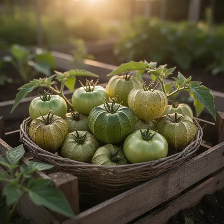 Frisch geerntete Tomatillos mit aufgeplatzten Hüllen, die leuchtend grüne Früchte freigeben