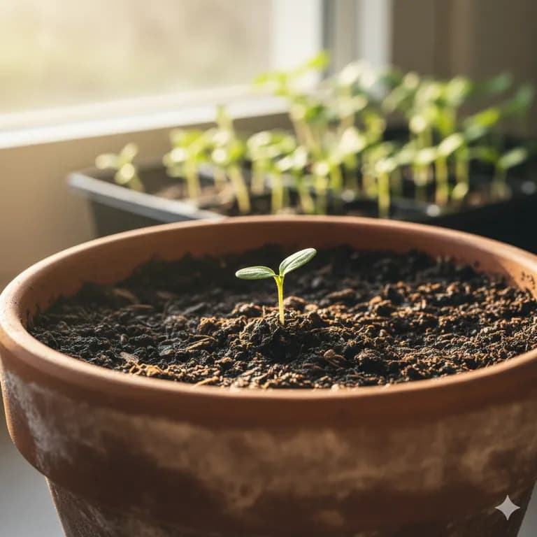Aunt Ruby's German Green tomato seedling with young true leaves