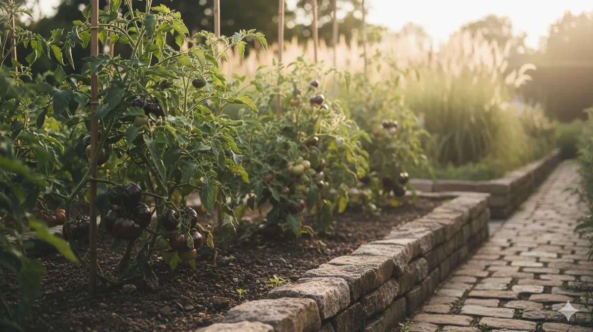Black Krim tomato plant growing in a sunny bed