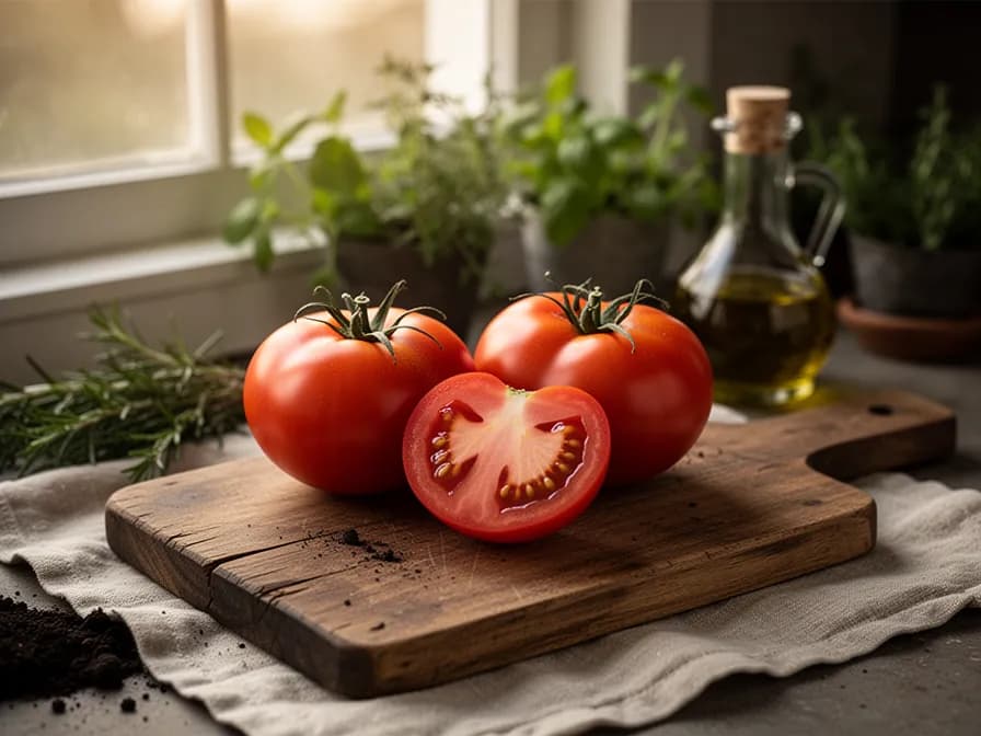 Sliced Brandywine tomato revealing dense meaty flesh with few seeds and rich pink interior