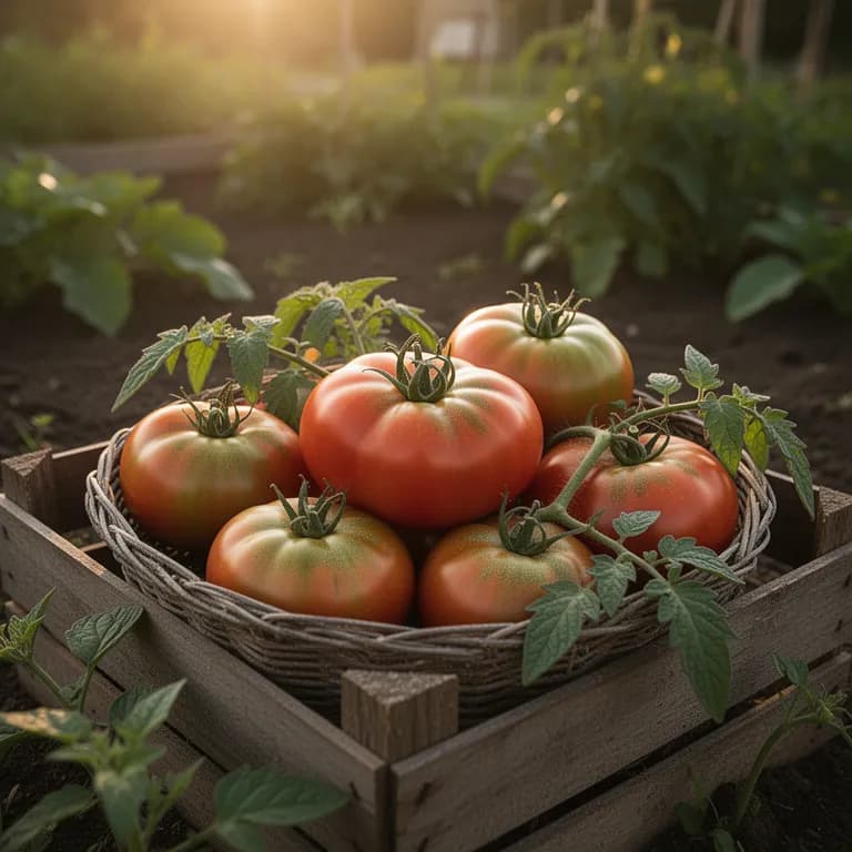 Perfectly ripe Brandywine tomato with deep pink-red skin and classic irregular shape