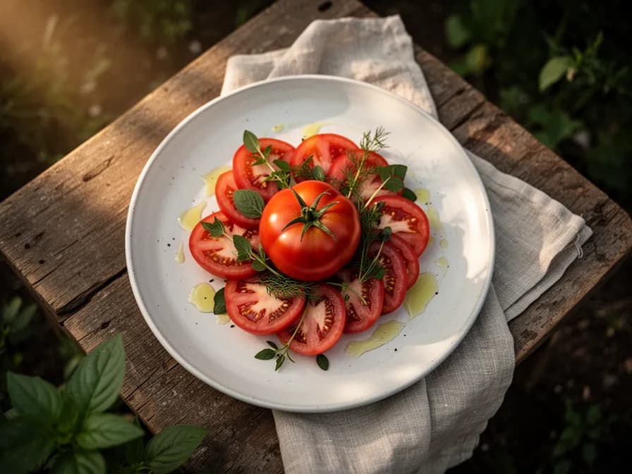 Classic caprese salad featuring thick slices of ripe Brandywine tomato with fresh mozzarella and basil