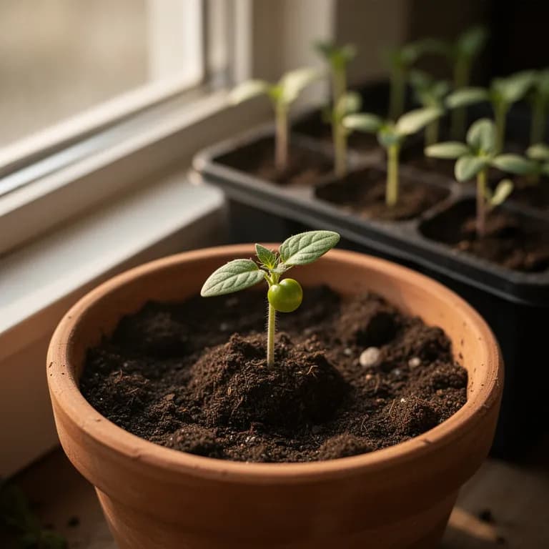 Young Campari tomato seedling with serrated true leaves emerging in a warm seed tray