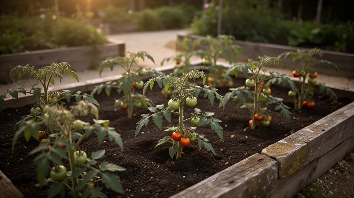 Hohe Cherrytomaten-Pflanzen wachsen an einem Schnur-Spalier-System in einem sonnigen Garten