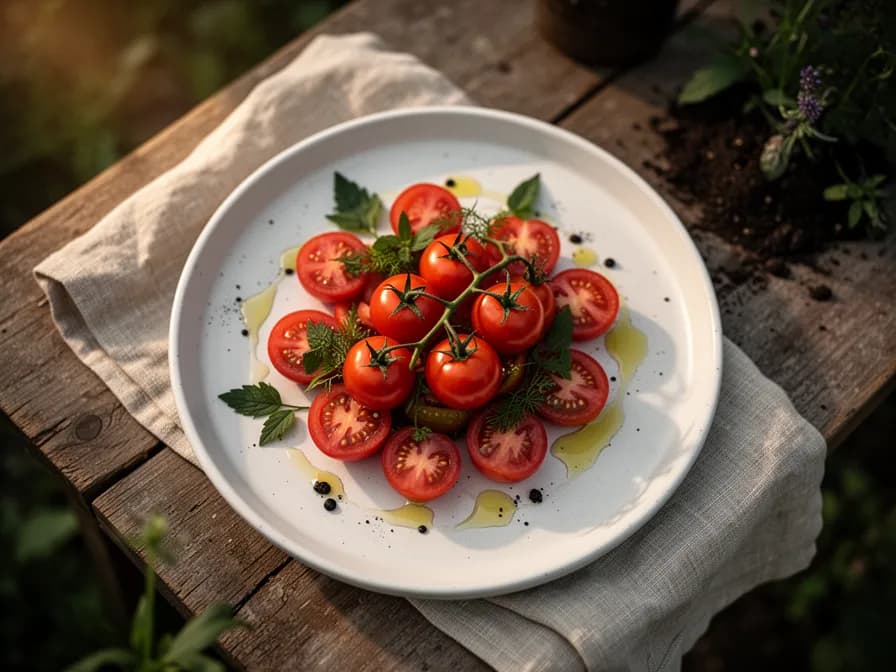 Geblisterte Cherrytomaten, geröstet mit Knoblauch und Kräutern in einer Gusseisenpfanne