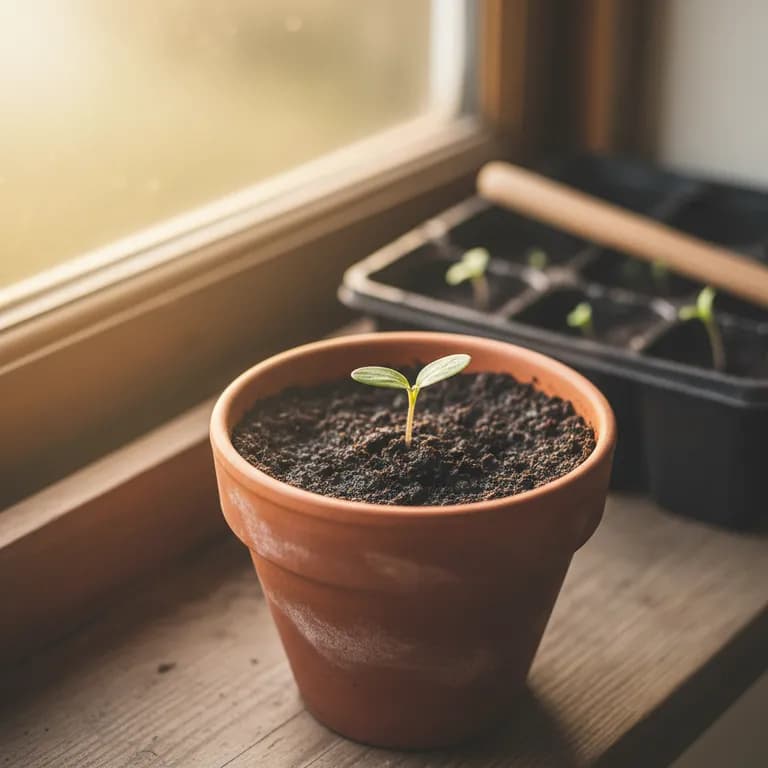 Early Girl tomato seedling with young true leaves