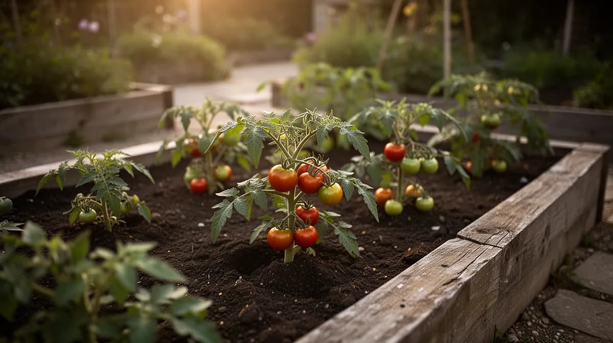 Mit Früchten beladene Traubentomatenpflanzen, die an stabilen Drahtkäfigen im Gartenbeet wachsen
