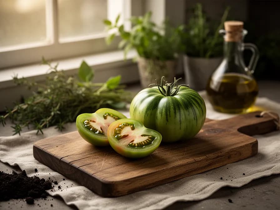 Querschnitt einer aufgeschnittenen Green Zebra Tomate mit leuchtend grünem Gel und Samen