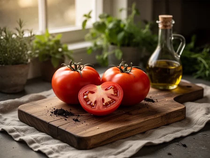 Indeterminierte Erbstück-Tomatenpflanzen, die an hohen Holzstäben in einer Gartenreihe befestigt sind
