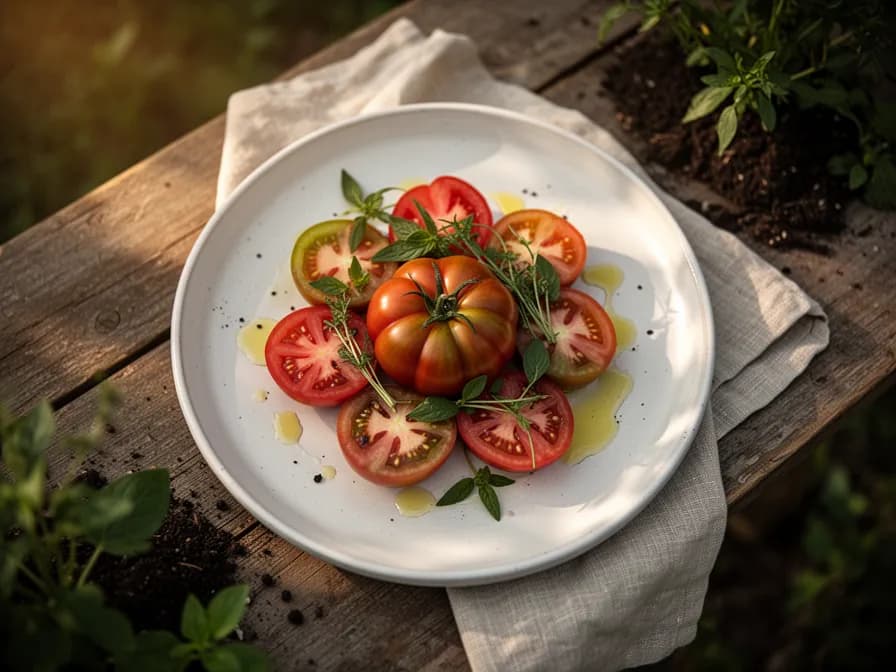 Klassischer Caprese-Salat mit aufgeschnittenen mehrfarbigen Erbstück-Tomaten, frischem Mozzarella und Basilikum