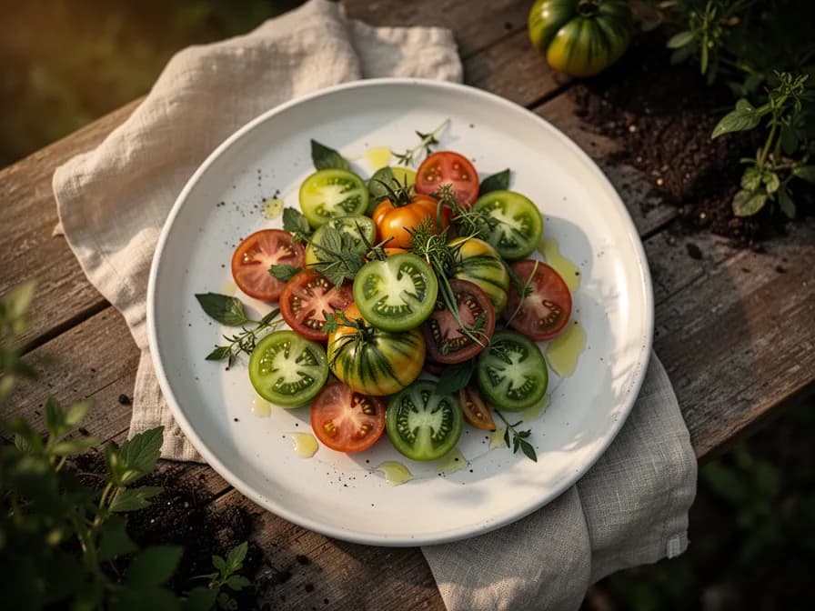 Querschnitt einer aufgeschnittenen Indigo Rose Tomate, der das tiefrote Innere unter der violetten Schale zeigt
