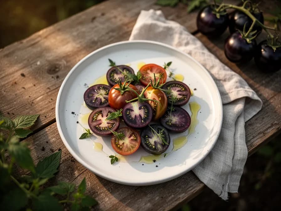 Bunter Erbstücktomaten-Salat mit aufgeschnittenen Indigo Rose Tomaten neben roten und gelben Sorten