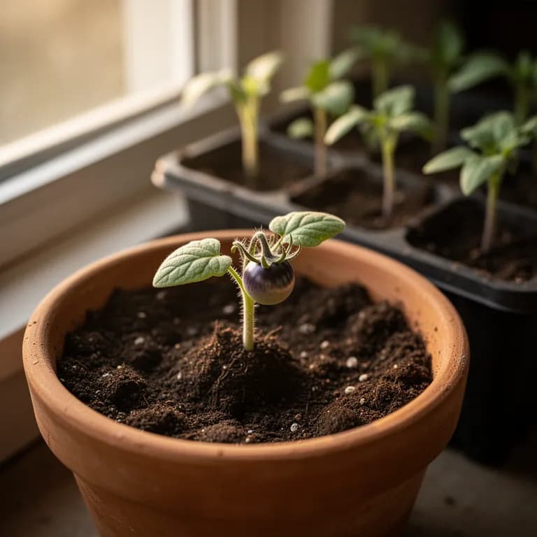 Junger Indigo Rose Tomatensämling mit tiefgrünen Keimblättern und Andeutungen von Violett am Stängel