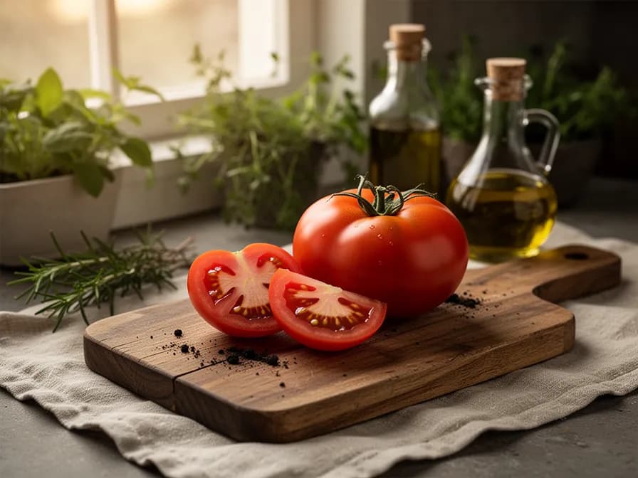 Querschnitt einer aufgeschnittenen Kumato-Tomate mit tiefrot-grünem Fruchtfleisch und kleinen Samenkammern