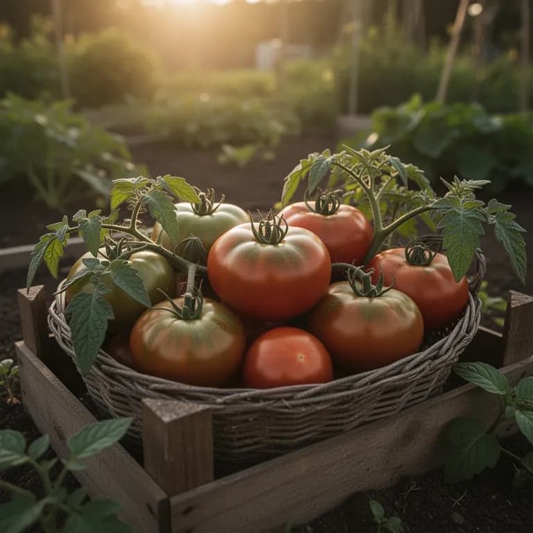 Rispe reifer Kumato-Tomaten mit tiefrotbrauner Schale an der Ranke