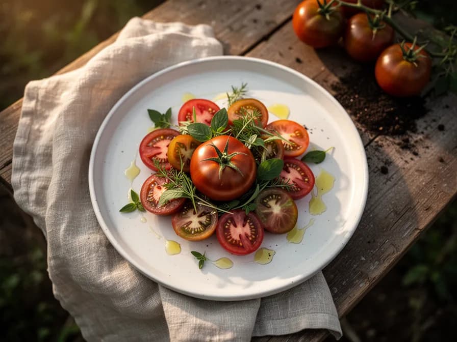 Bunter Caprese-Salat mit aufgeschnittenen Kumato-Tomaten, Mozzarella und Basilikum
