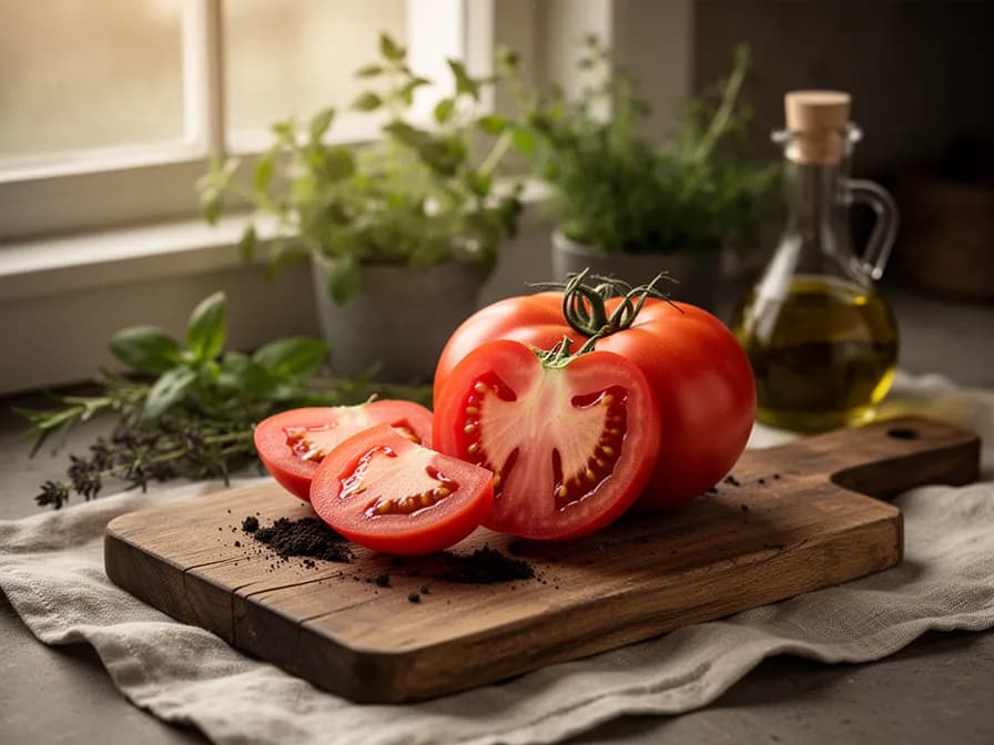 Thick slices of pink Mortgage Lifter tomato on a cutting board showing meaty interior with few seeds