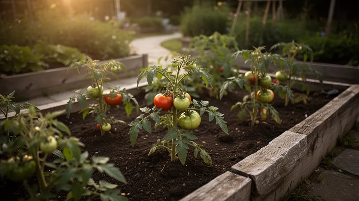 Tall Mortgage Lifter tomato plant supported by a sturdy cage in a sunny garden bed