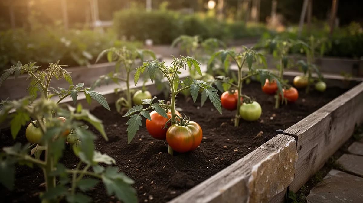 Tall oxheart tomato plants supported by sturdy stakes in a sunny garden bed with ripening fruit