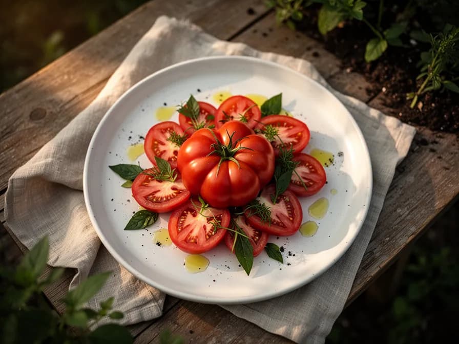Thick slices of oxheart tomato layered with fresh mozzarella and basil in a caprese salad