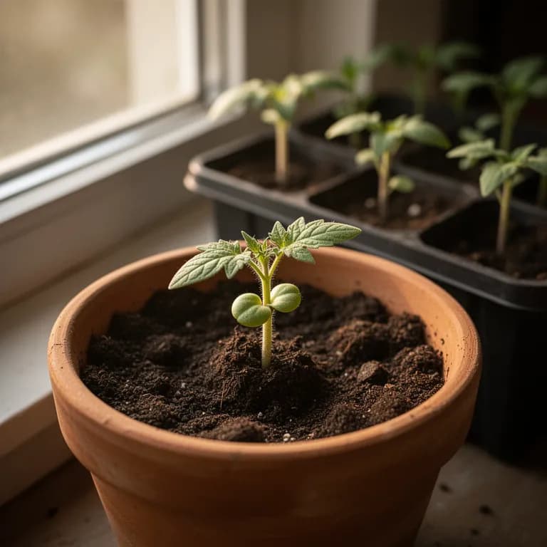 Young oxheart tomato seedling with fuzzy true leaves emerging from a biodegradable peat pot