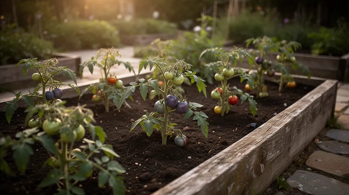 Rows of staked plum tomato plants laden with fruit in a sunny garden