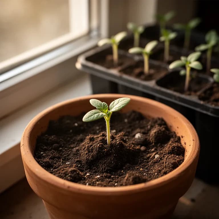 Young plum tomato seedling with serrated true leaves emerging in a warm seed tray