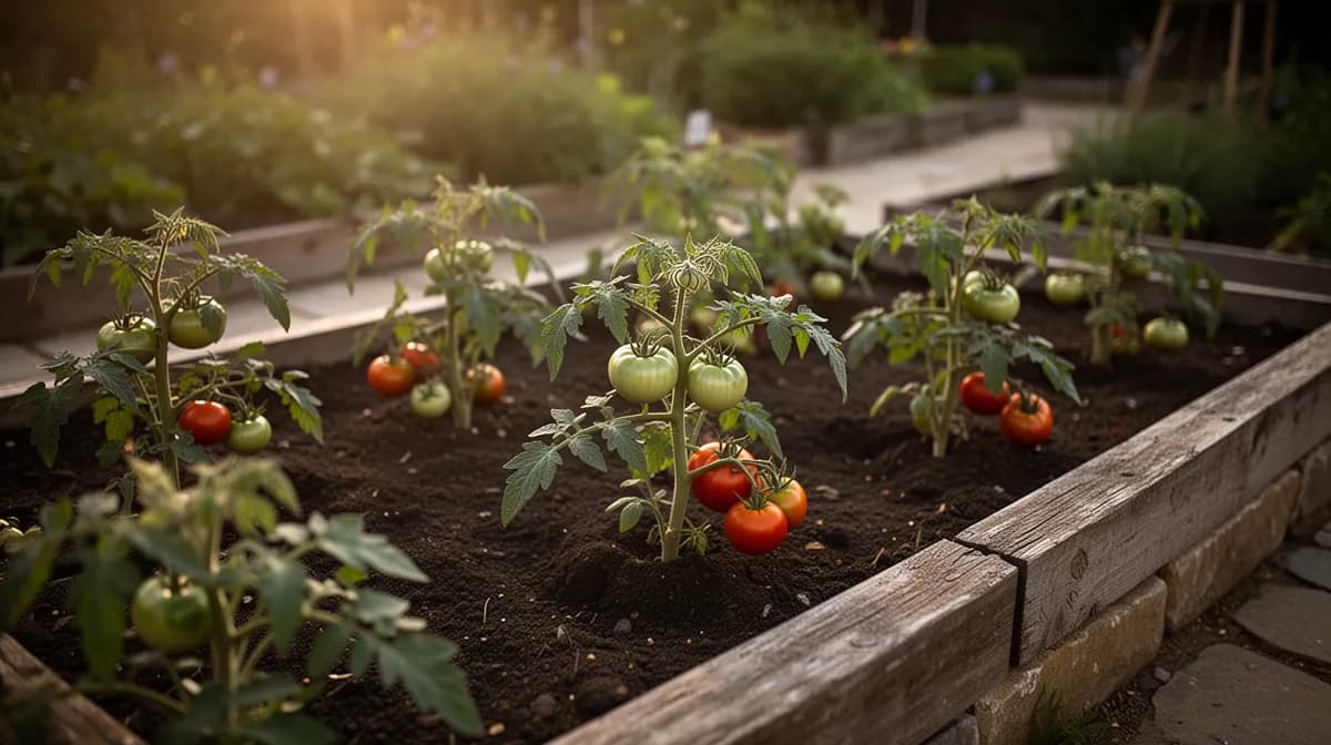 Row of staked Roma tomato plants loaded with ripening fruit in a sunny garden