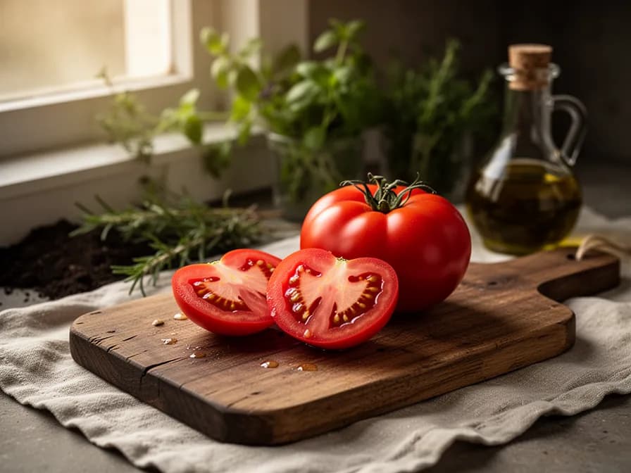 Aufgeschnittene San-Marzano-Tomate zeigt dickes Fruchtfleisch und wenige Kerne