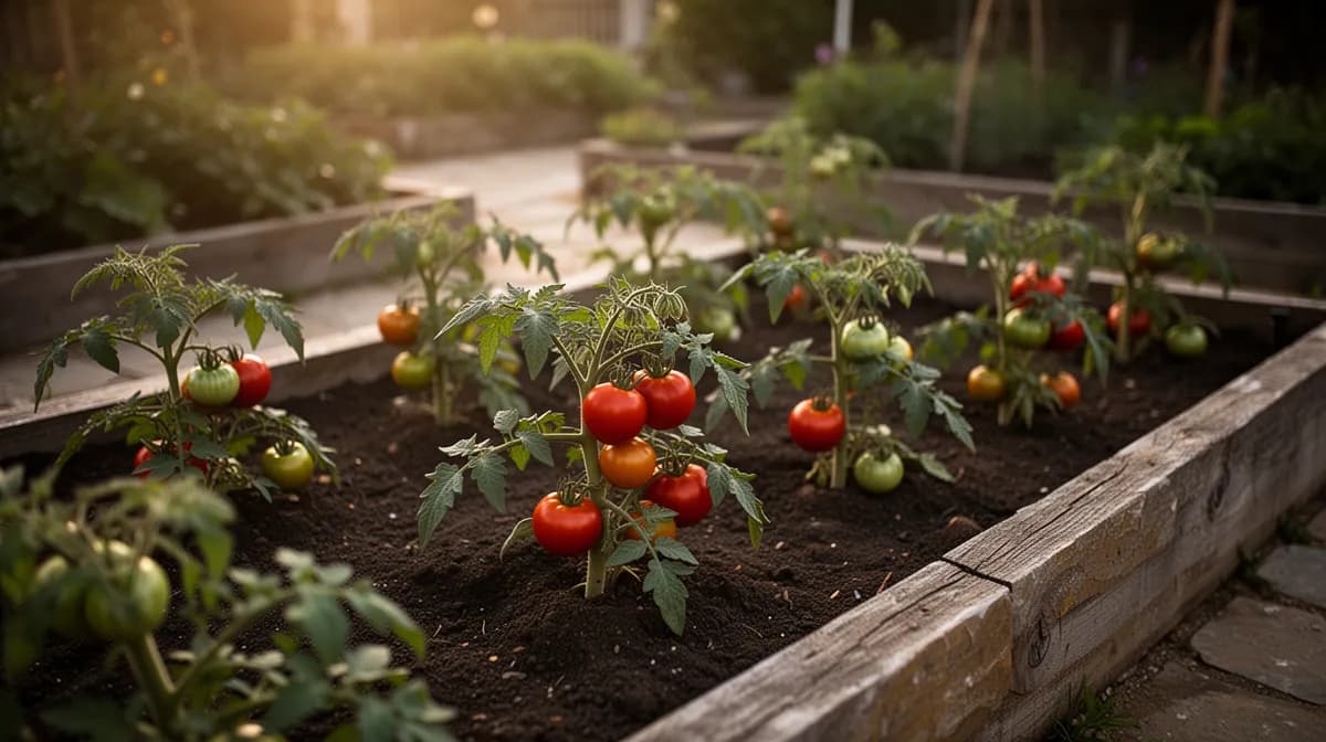Hohe San-Marzano-Tomatenpflanzen an Stäben in einem sonnigen Garten im italienischen Stil