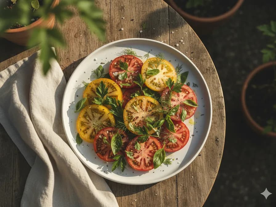 Striped German tomato prepared for a simple tomato dish