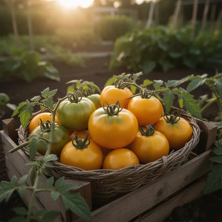 Glowing orange-gold ripe Sun Gold cherry tomatoes hanging in a heavy truss on the vine