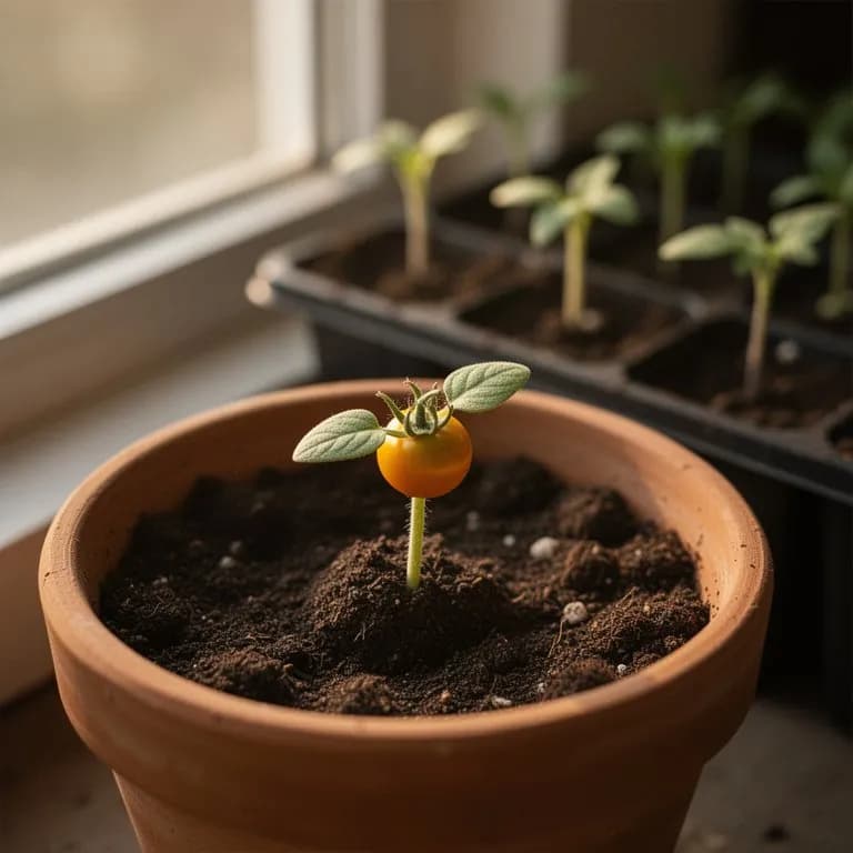 Young Sun Gold tomato seedling with slender serrated true leaves emerging from a seed tray