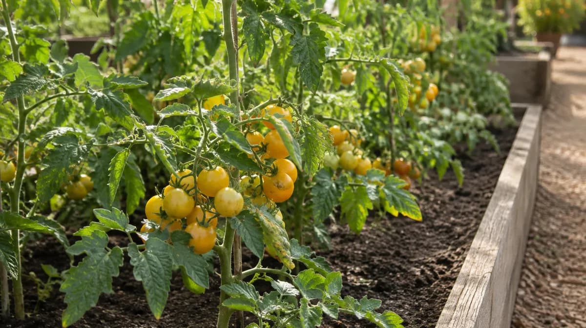 Sunrise Bumble Bee tomato plant growing in a sunny bed