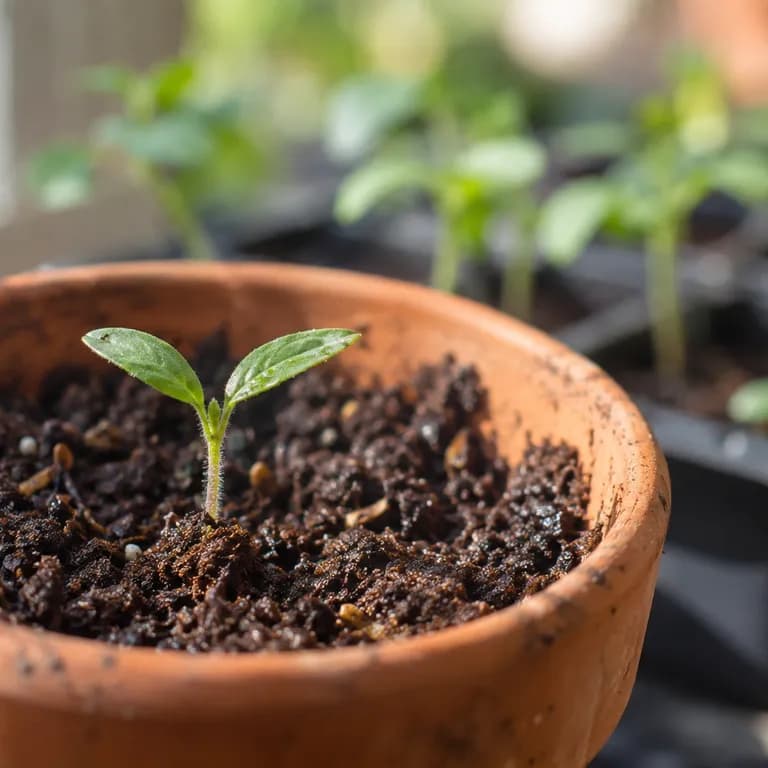 Sunrise Bumble Bee tomato seedling with young true leaves