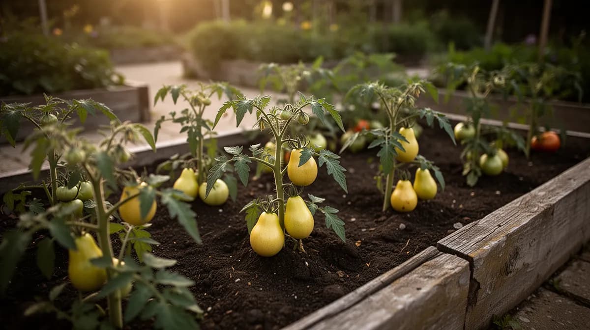 Gelbe Birnentomate voller herabhängender Trauben reifer goldener Früchte in einem Hausgarten
