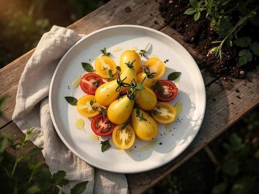 Bunter Sommersalat mit halbierten Gelben Birnentomaten, frischem Mozzarella und Basilikum