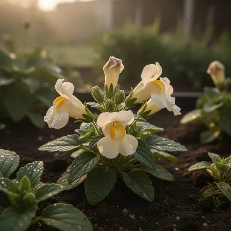 Close-up of torenia flower showing wishbone-shaped stamens