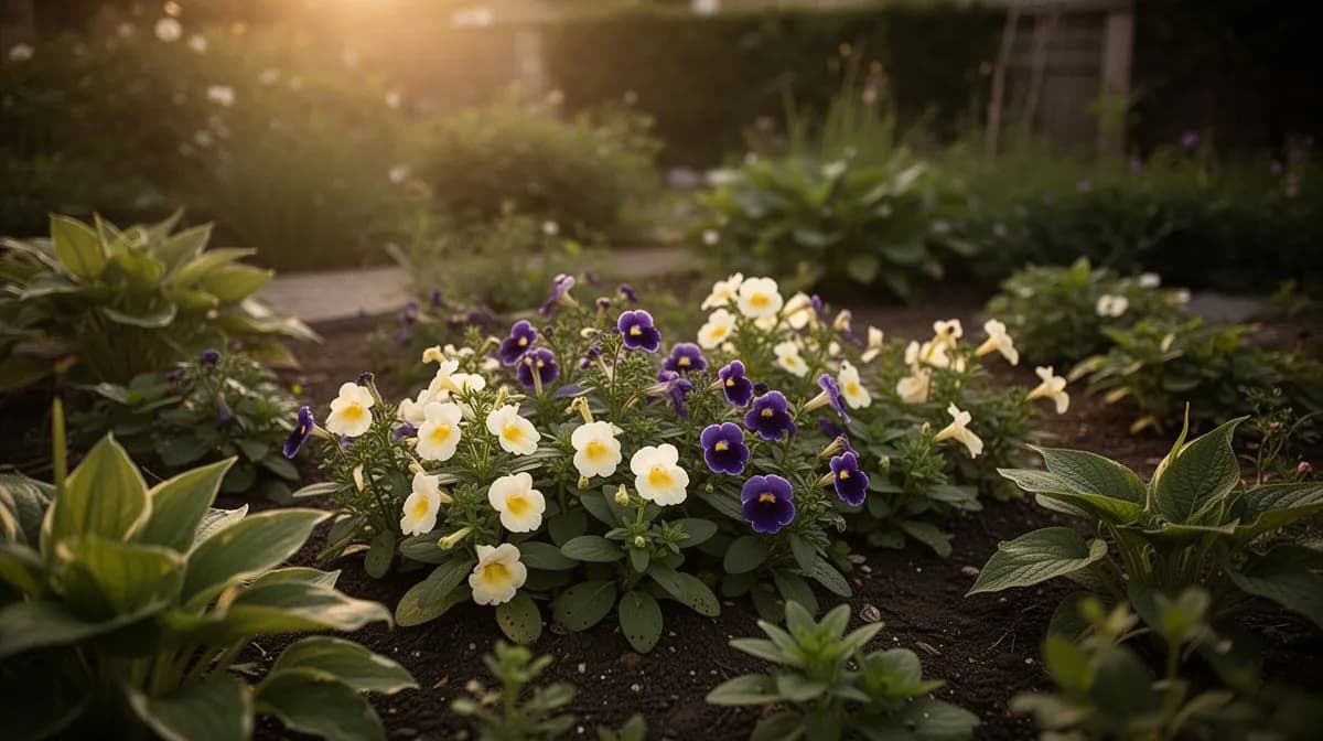 Torenia plants flowering in a shaded garden border