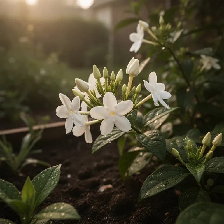 Büschel weißer sternförmiger Blütenknospen an der Sternjasmin-Rebe