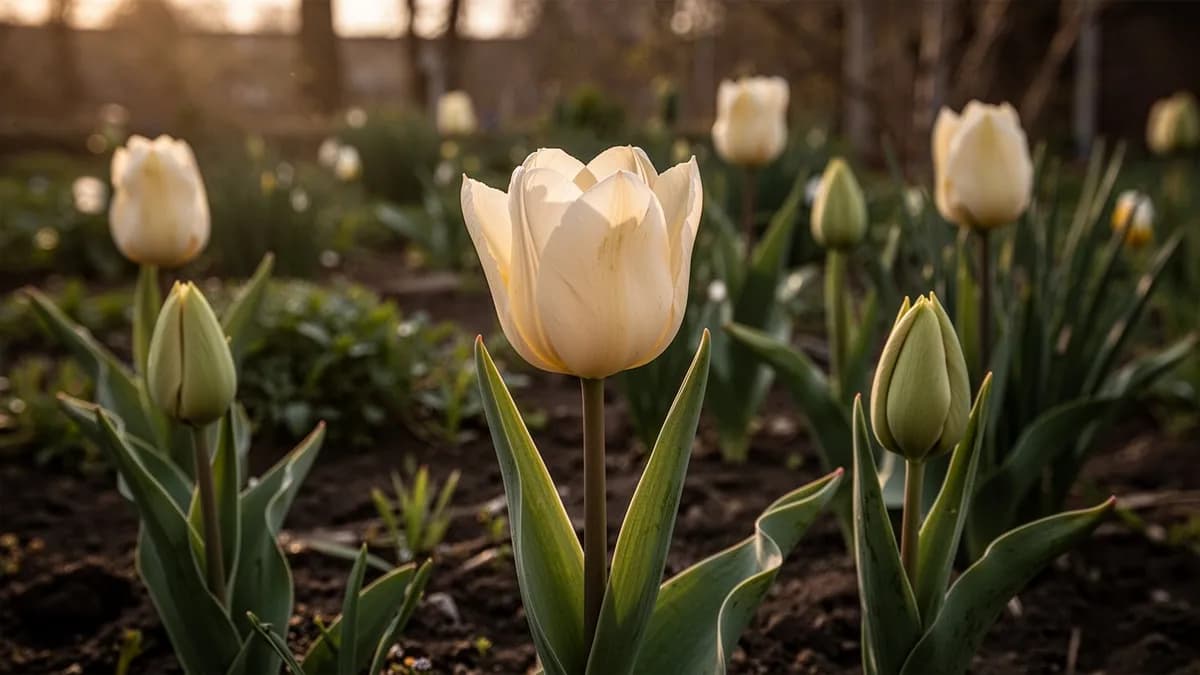 Bulbos de tulipán híbrido Darwin plantados en otoño a la profundidad adecuada